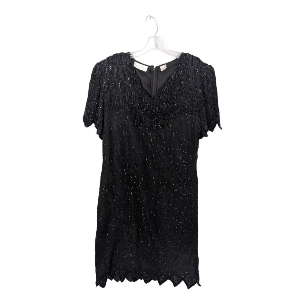 CLEARANCE Laurence Kozar Black Silk Vintage Formal Beaded Mini Dress XL